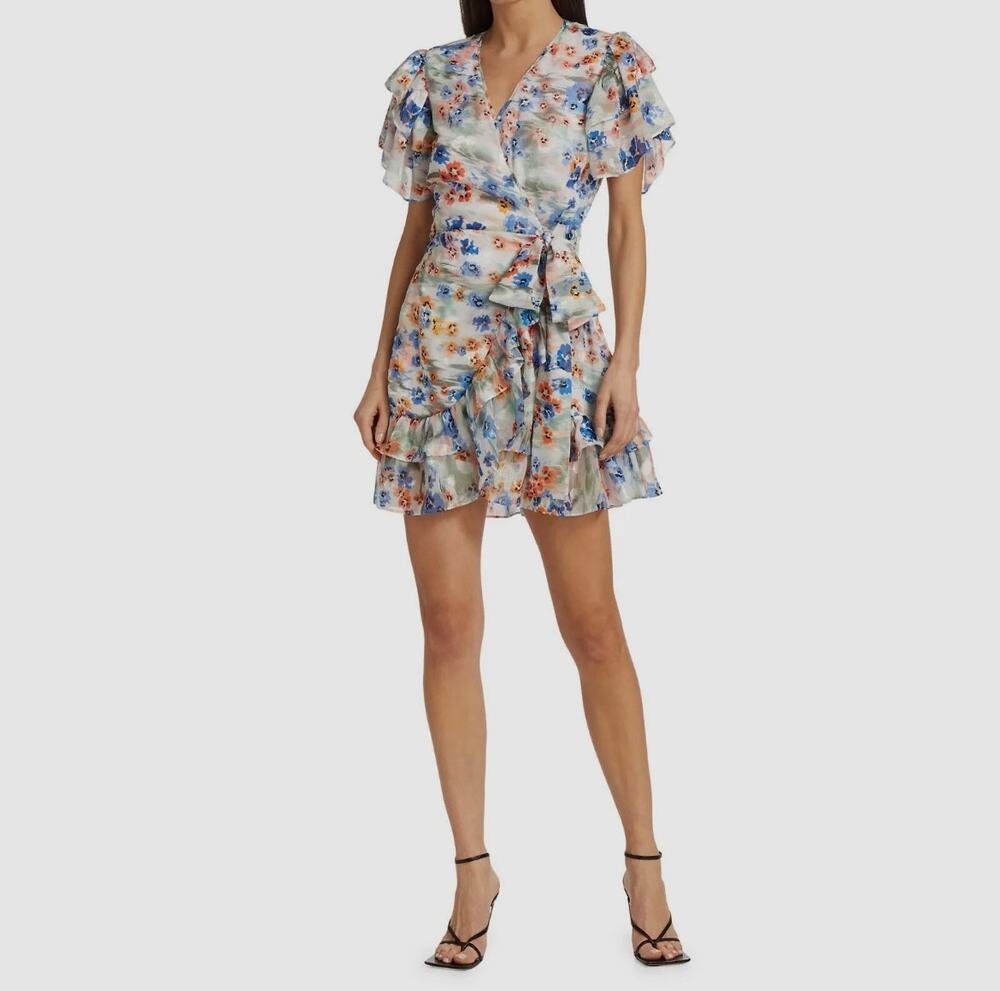 Tanya Taylor Bailey Floral Print Ruffled Wrap Mini Dress Size 2